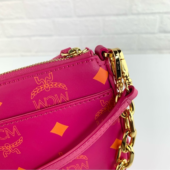 MCM Visetos Mini Zip Pouch Splash Logo Crossbody Bag Pink $650 - Picture 5 of 15